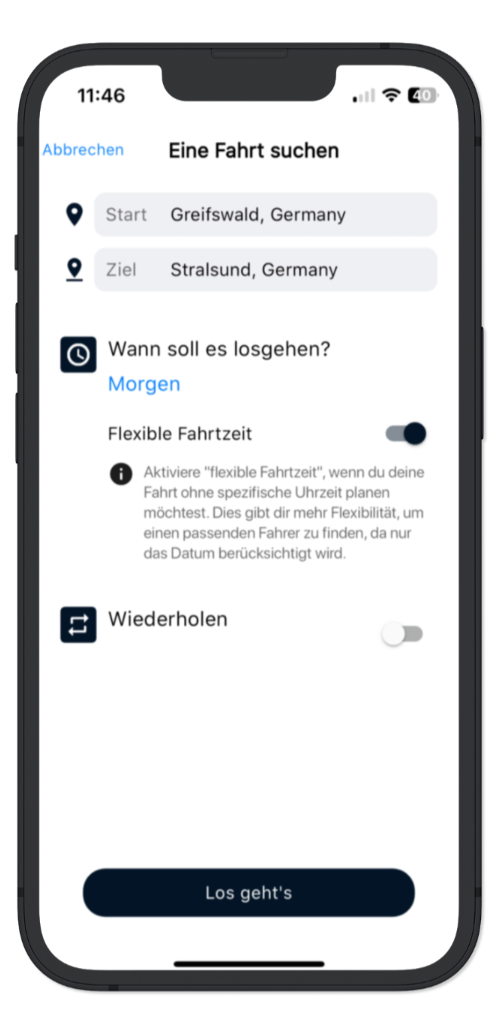 Fahrtsuche mit Start, Ziel, Abfahrtszeit und Optionen für flexible und wiederholte Fahrten