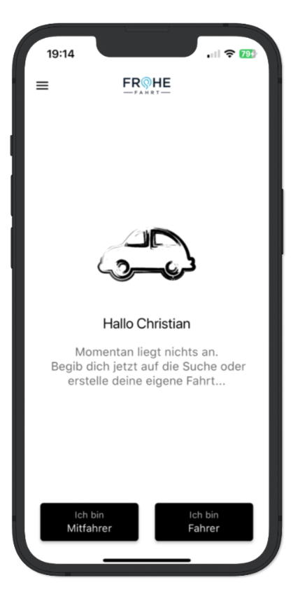 Startbildschirm der Frohe Fahrt App mit den Schaltflächen „Ich bin Mitfahrer“ und „Ich bin Fahrer“