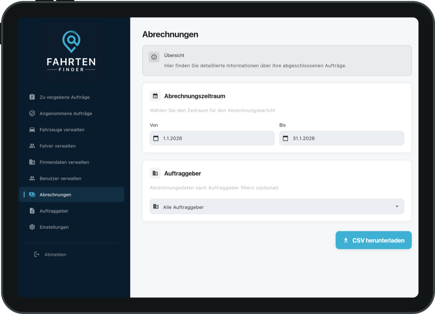 FahrtenFinder-Plattform mit Dashboard auf einem iPad